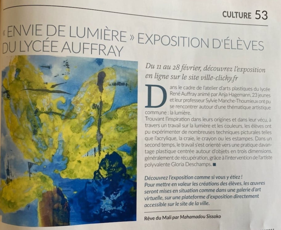 Article sur l'atelier d'arts plastiques dans Clichy Actus