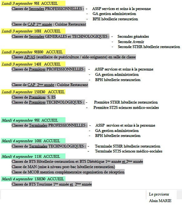 Programme de la rentrée 2018