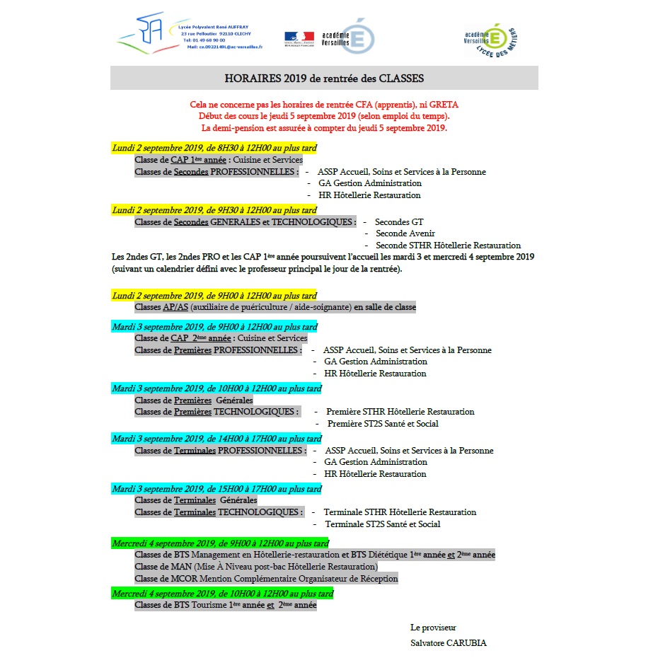 RENTRÉE 2019 – horaires élèves en fonction des classes