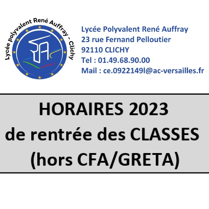 RENTRÉE 2023 – horaires élèves en fonction des classes