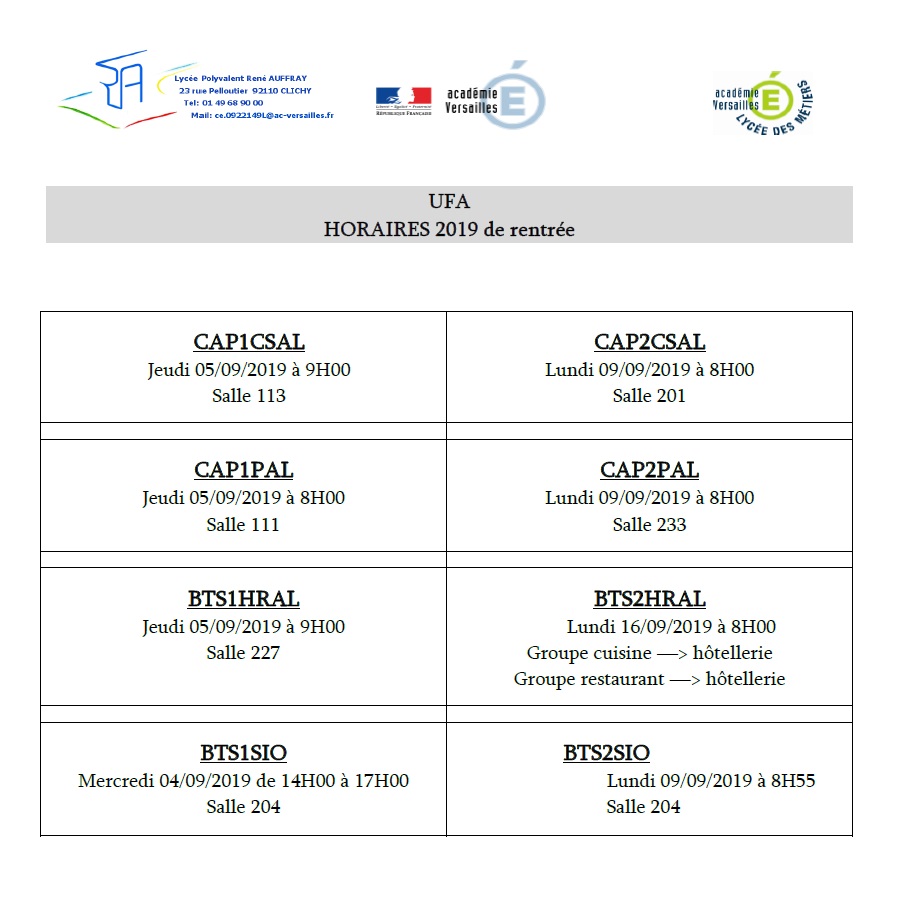 UFA – Dates et horaires de rentrée 2019