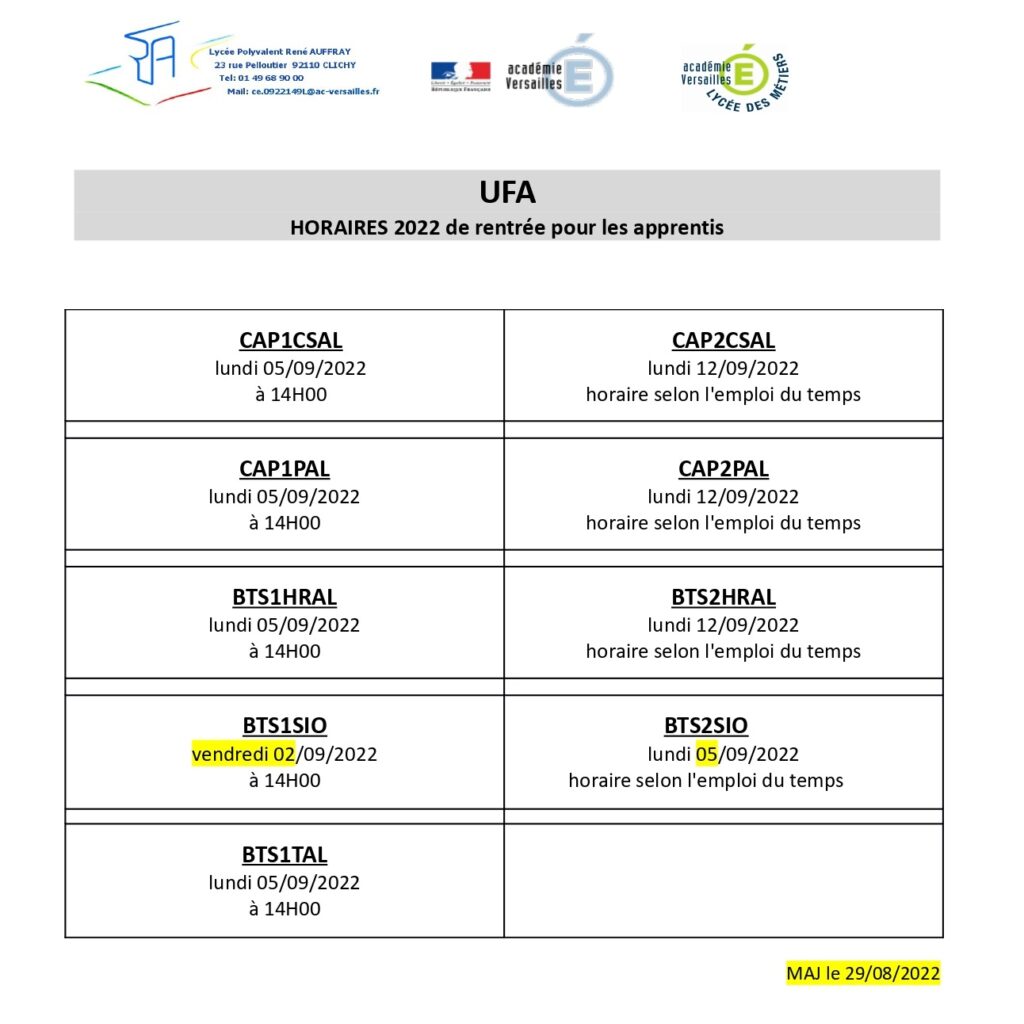 UFA – Dates et horaires de rentrée 2022