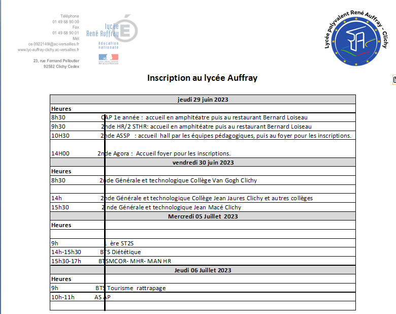 inscription au lycée Auffray pour 2024 – 2025