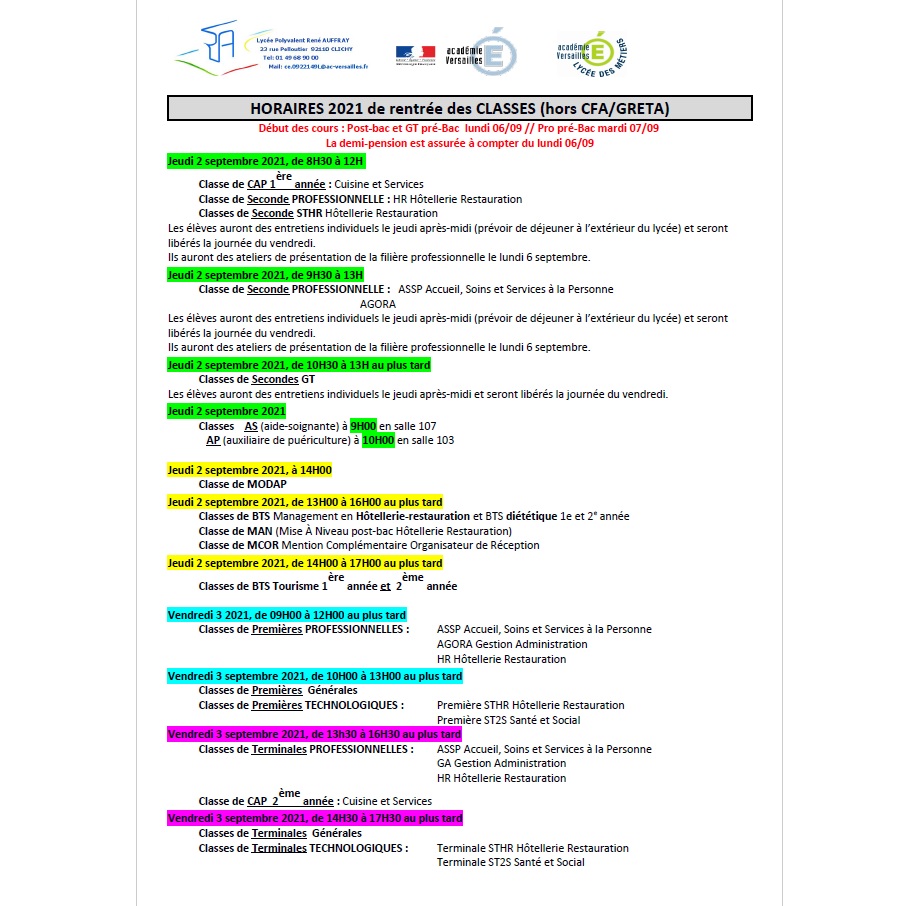 RENTRÉE 2021 – horaires élèves en fonction des classes