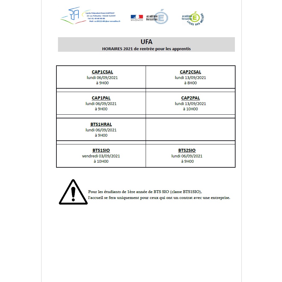 UFA – Dates et horaires de rentrée 2021